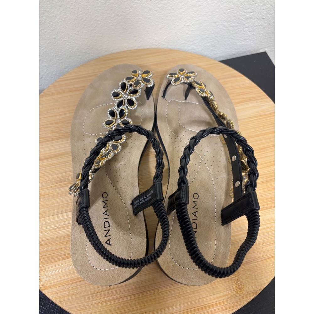 Andiamo Sandals 6.5M Tandem Black Jeweled Flower Braided Slingback - Picture 5 of 8